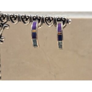 Vintage Navajo Sterling Silver Multi-Gemstones Semi-hoop Earrings Signed W